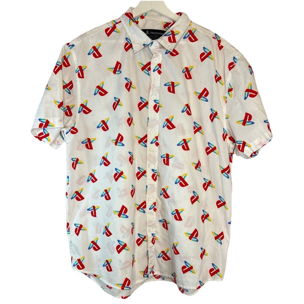 PlayStation Button Up Shirt Men's Medium White Allover Logo Print Gaming XL